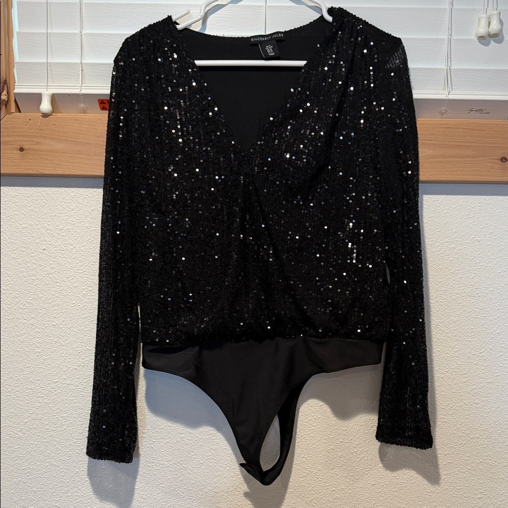 Sincerely Jules Black Sequin Long-Sleeve Surplice Bodysuit